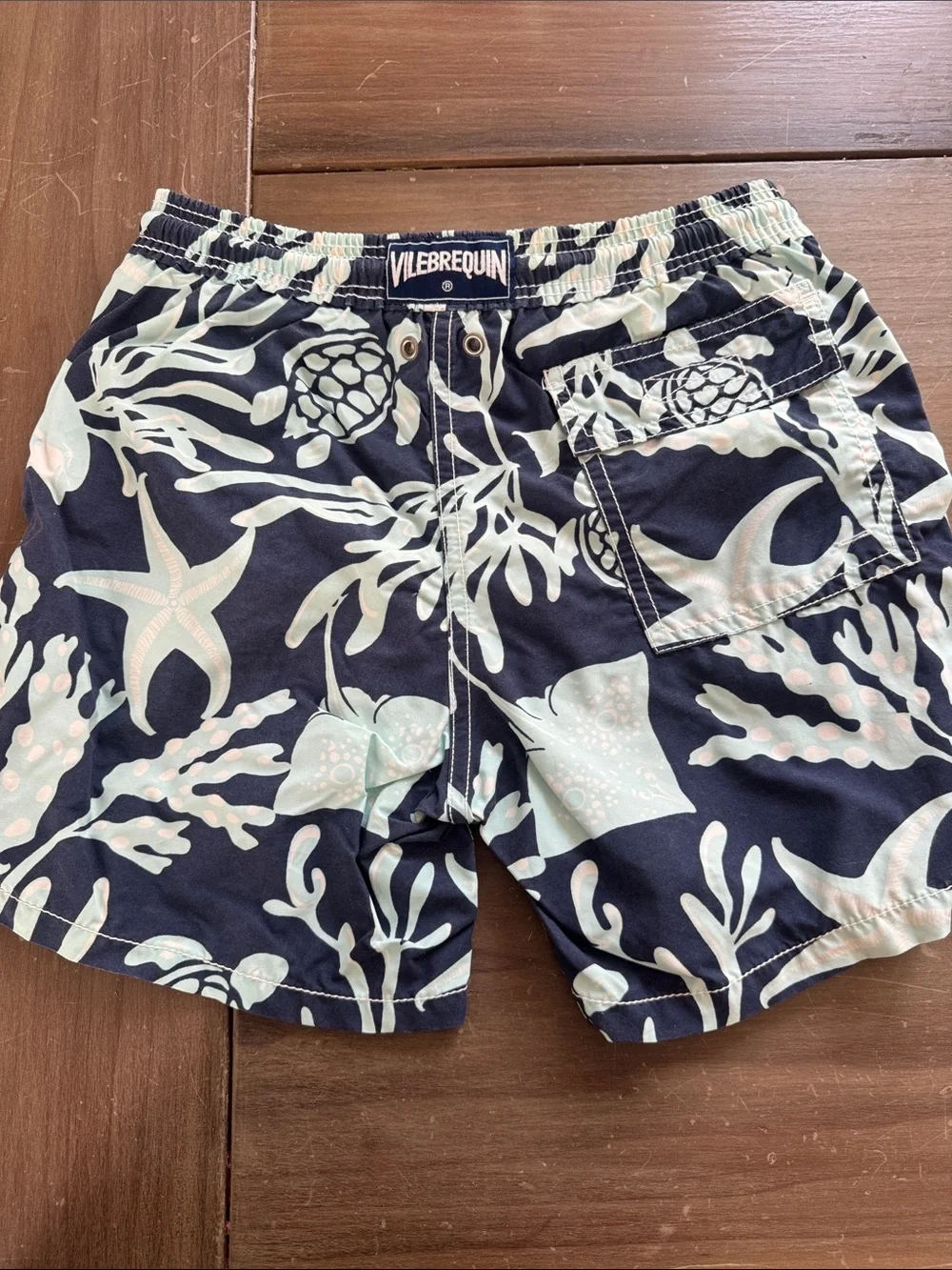 Vilebrequin Navy Swim Trunks with Light Aqua Sea Life Print
